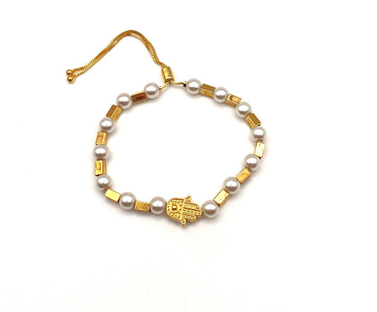 Hamsa pearl & gold adjustable bracelet