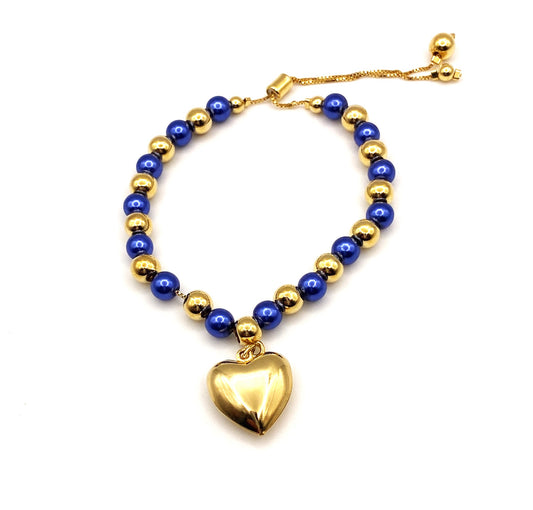 Blue & gold w/heart adjustable bracelet